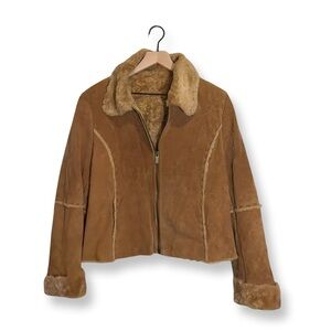 Winlit Tan Suede Shearling Lined Leather Jacket | Vintage Aviator Moto | Size L